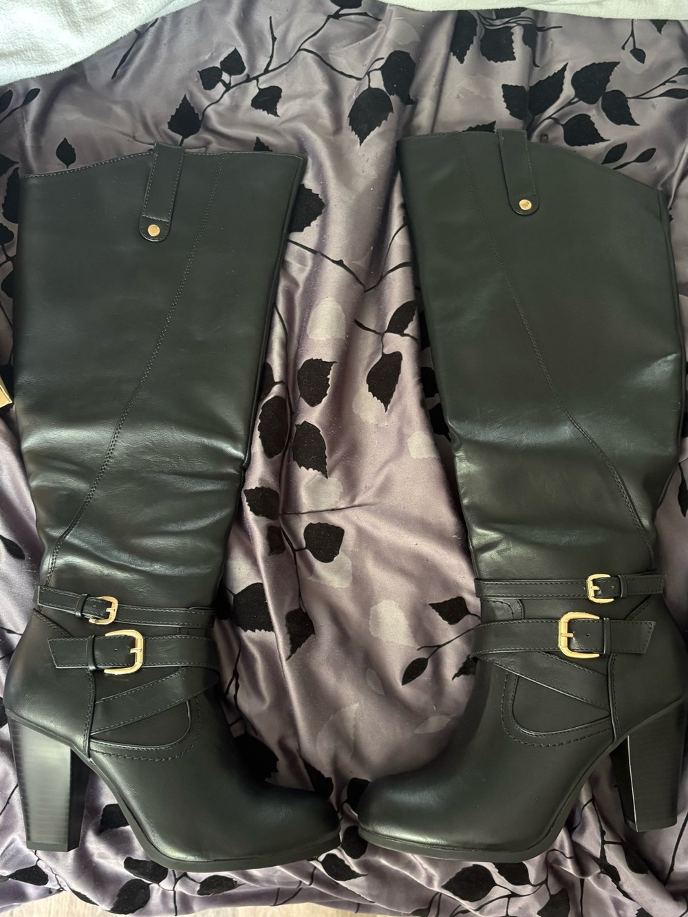 Nina Black Over-the-Knee Leather Boots with Gold Buckle Accents